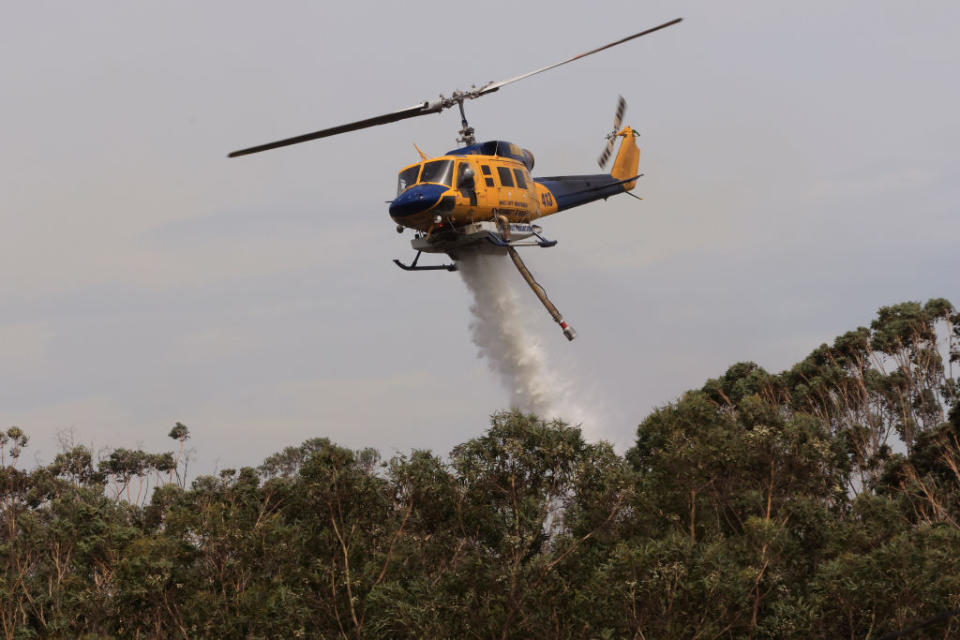 Helicopters water bomb a bushfire at Northmead in Sydney. 