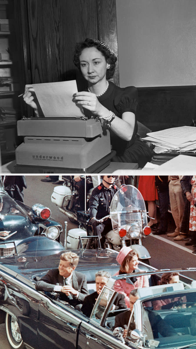 Kilgallen using a typewriter in the '50s; Kennedy and Jacqueline Kennedy Onassis on day of JFK's assassination