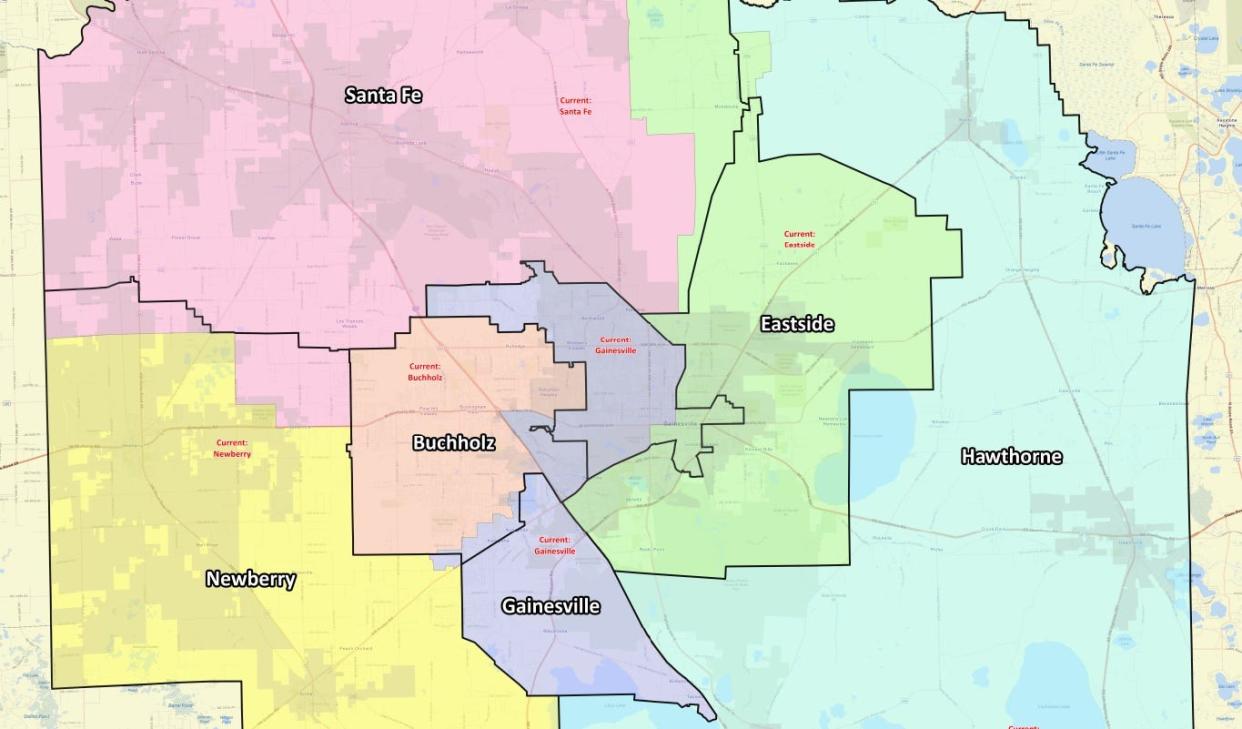 A preliminary rezoning map for high schools was released by Alachua County Public Schools late Tuesday evening. The black border represents the existing zone, while colors are proposed changes.