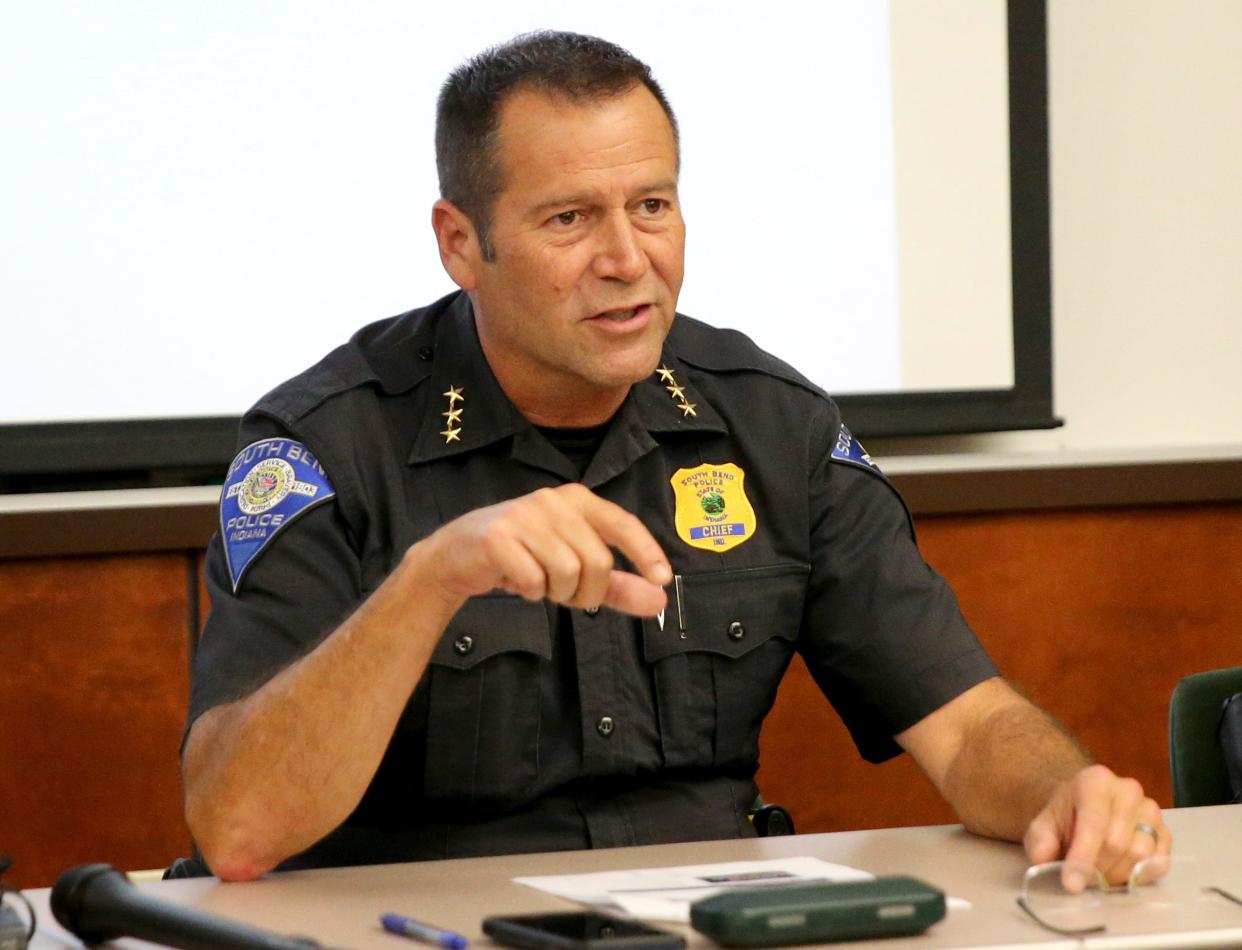 South Bend Police Chief Scott Ruszkowski speaks to members of the media Thursday, Aug. 24, 2023, about the second quarter 2023 crime statistics at a briefing at the South Bend Police Station.