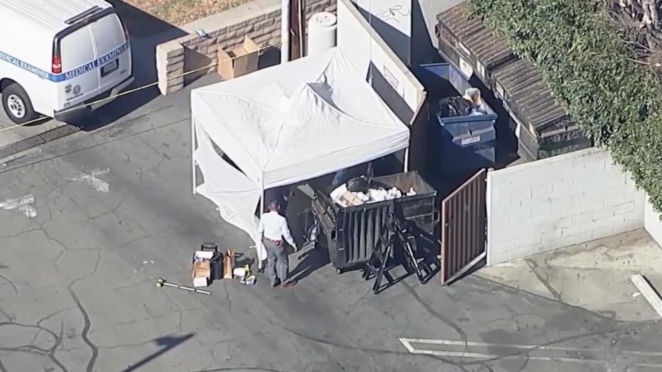 PHOTO: Police respond after human remains were found near a dumpster in Encino, California, Nov. 8, 2023. (KABC)