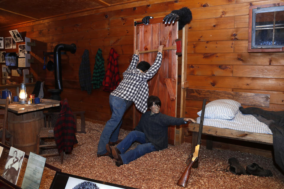 This Aug. 8, 2019 photo shows a Bigfoot attack display at Expedition: Bigfoot! The Sasquatch Museum in Cherry Log, Ga. The owner of this intriguing piece of Americana at the southern edge of the Appalachians is David Bakara, a longtime member of the Bigfoot Field Researchers Organization who served in the Navy, drove long-haul trucks and tended bar before opening the museum in early 2016 with his wife, Malinda. (AP Photo/John Bazemore)