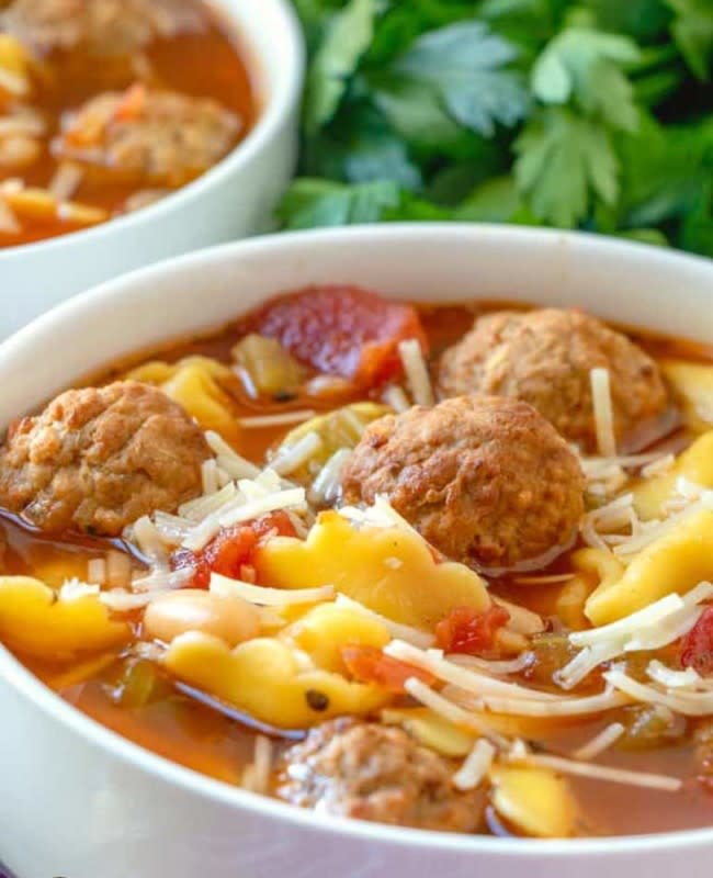 <p>The Country Cook</p><p>There is just something so comforting about meatballs and tortellini in a warm bath of broth. One spoon of this soup and you will know exactly what we mean. </p><p><strong>Get the recipe: <a href="https://www.thecountrycook.net/slow-cooker-meatball-and-tortellini/#feastmobilemenu" rel="nofollow noopener" target="_blank" data-ylk="slk:Crock Pot Meatball and Tortellini Soup;elm:context_link;itc:0;sec:content-canvas" class="link ">Crock Pot Meatball and Tortellini Soup</a></strong></p>
