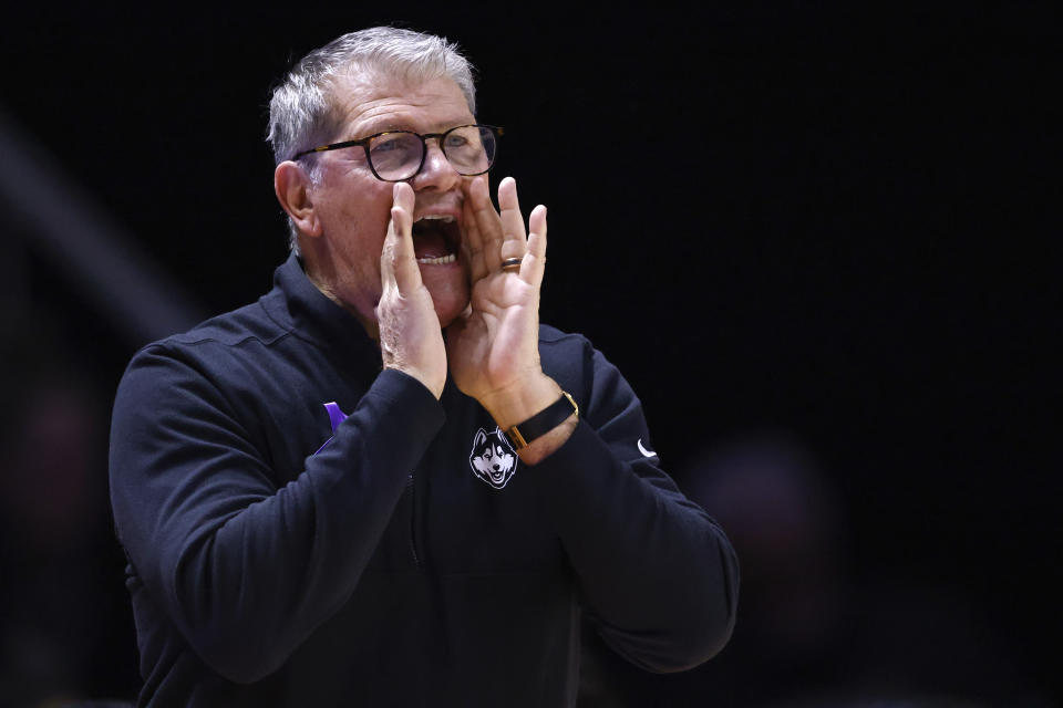 FILE - UConn head coach Geno Auriemma yells to his players during the second half of an NCAA college basketball game against Tennessee, Thursday, Jan. 26, 2023, in Knoxville, Tenn. LSU is ranked No. 1 in the AP women's basketball preseason poll, released Tuesday, Oct. 17, 2023. UConn is No. 2. (AP Photo/Wade Payne, File)