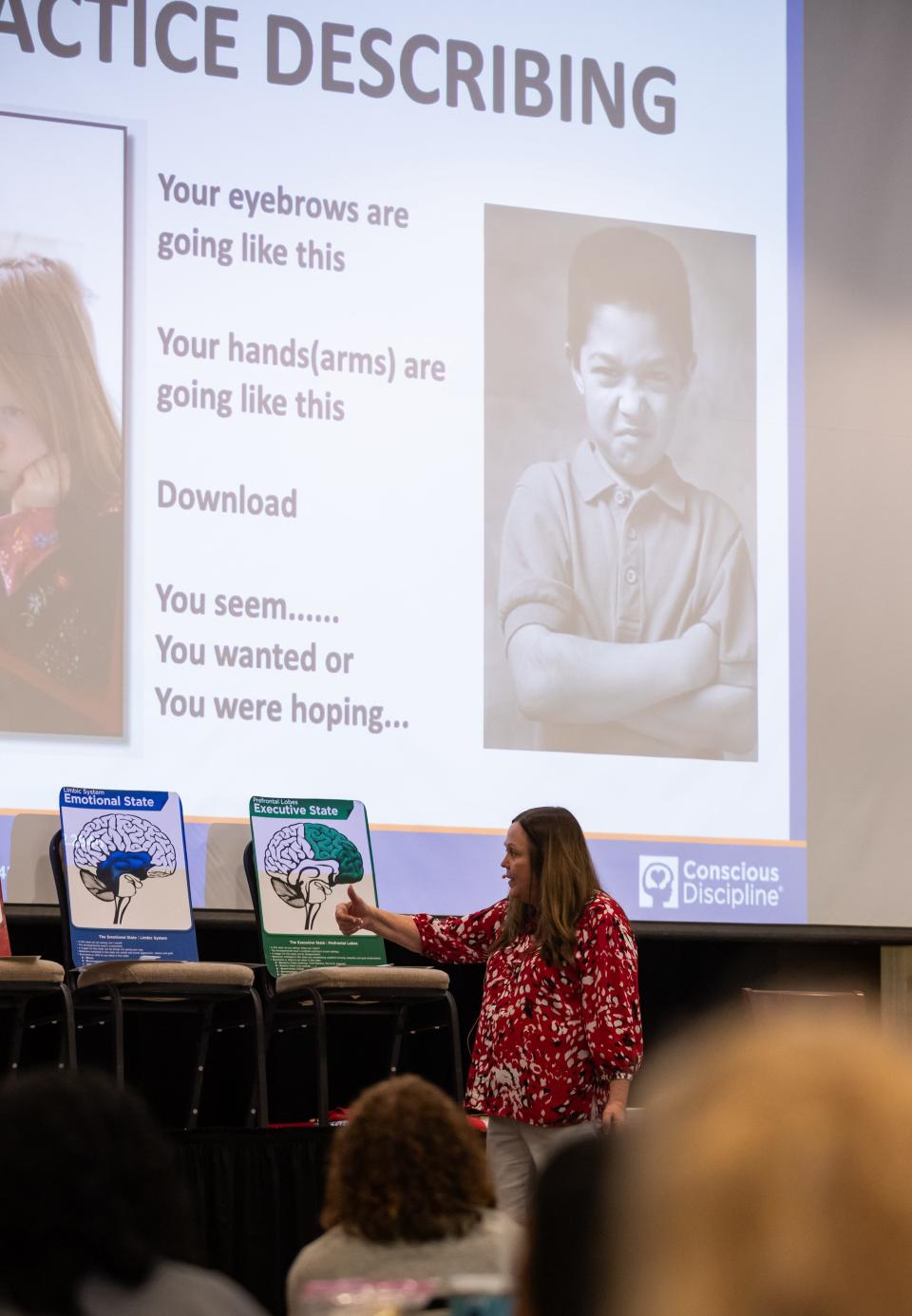 Conscious Discipline instructor Kay Zastrow presents at Encompass' all-staff professional development day at the University of Wisconsin-Green Bay's University Union on Aug. 25.