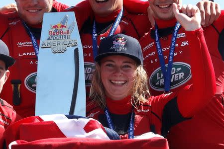 Sailing - Youth America's Cup - Hamilton, Bermuda - June 21, 2017 - British sailor Annabel Vose celebrates with her Land Rover BAR Academy teammates after winning Youth America's Cup. Picture taken June 21, 2017 REUTERS/Mike Segar