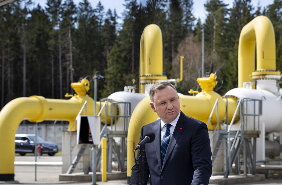 Polish President Andrzej Duda speaks during a media conference during the official inauguration of the Gas Interconnection Poland–Lithuania (GIPL) gas pipeline in Jauniunai, near Vilnius, Lithuania, Thursday, May 5, 2022. A 500-million-euro ($530 million) Lithuanian-Polish natural gas transmission pipeline was inaugurated Thursday, completing another stage of regional independence from Russian energy sources. (AP Photo/Mindaugas Kulbis)
