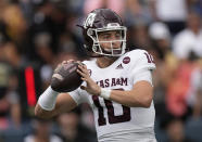 FILE - In this Saturday, Sept. 11, 2021 file photo, Texas A&M quarterback Zach Calzada (10) in the first half of an NCAA college football game in Denver. Texas A&M plays Arkansas Saturday, Sept. 25, 2021. (AP Photo/David Zalubowski, File)