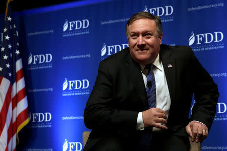 FILE PHOTO: CIA Director Mike Pompeo arrives the FDD National Security Summit in Washington, U.S., October 19, 2017. REUTERS/Yuri Gripas/File Photo