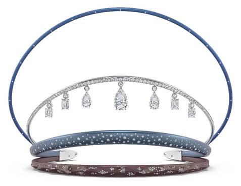 A tiara by DeBeers to mark the coronation. The tiara is set with more than 40 carats of natural diamonds. Other materials include colored titanium and platinum.