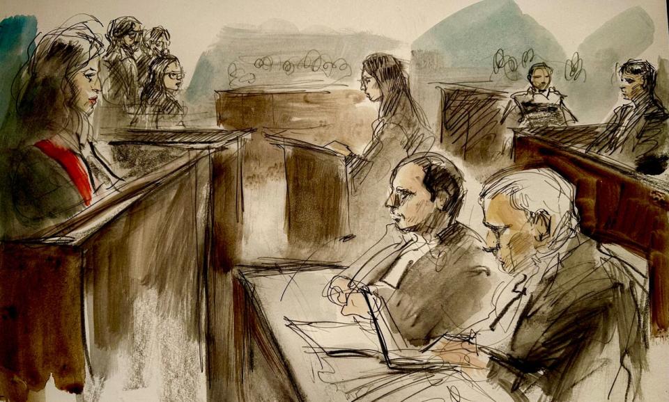 Justice Renee Pomerance and three young relatives of the Afzaal family are seen in this court sketch giving victim impact statements during the sentencing hearing in January for Nathaniel Veltman. Crown attorney Sarah Shaikh and defence lawyers Peter Ketcheson and Christopher Hicks, as well as convicted killer Veltman in the prisoner's box, are seen in London's Ontario Superior Court. (Pam Davies/CBC - image credit)