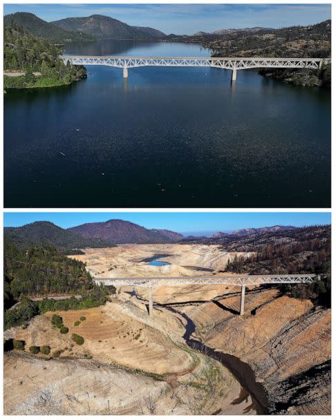 PHOTO: In this before-and-after composite image, a comparison of water levels at Lake Oroville between July 22, 2021, and June 15, 2023. (Justin Sullivan/Getty Images)