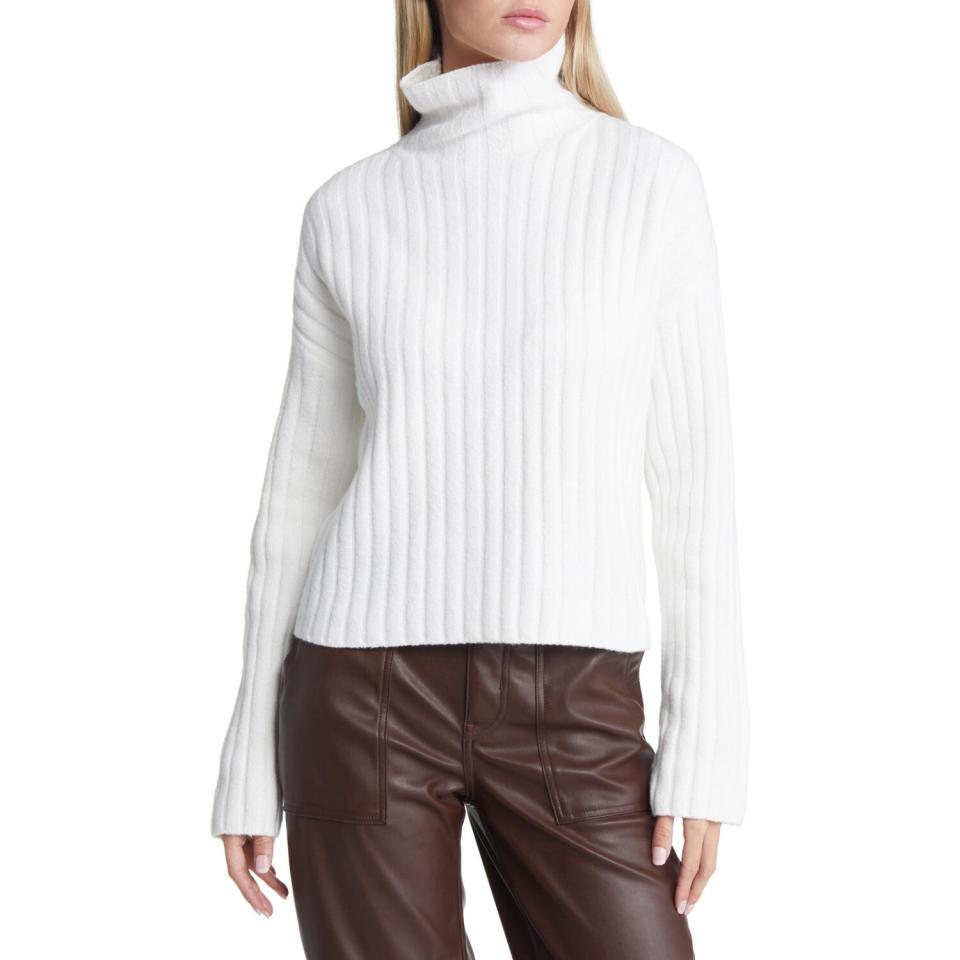 OPEN EDIT Cotton Blend Rib Funnel Neck Sweater