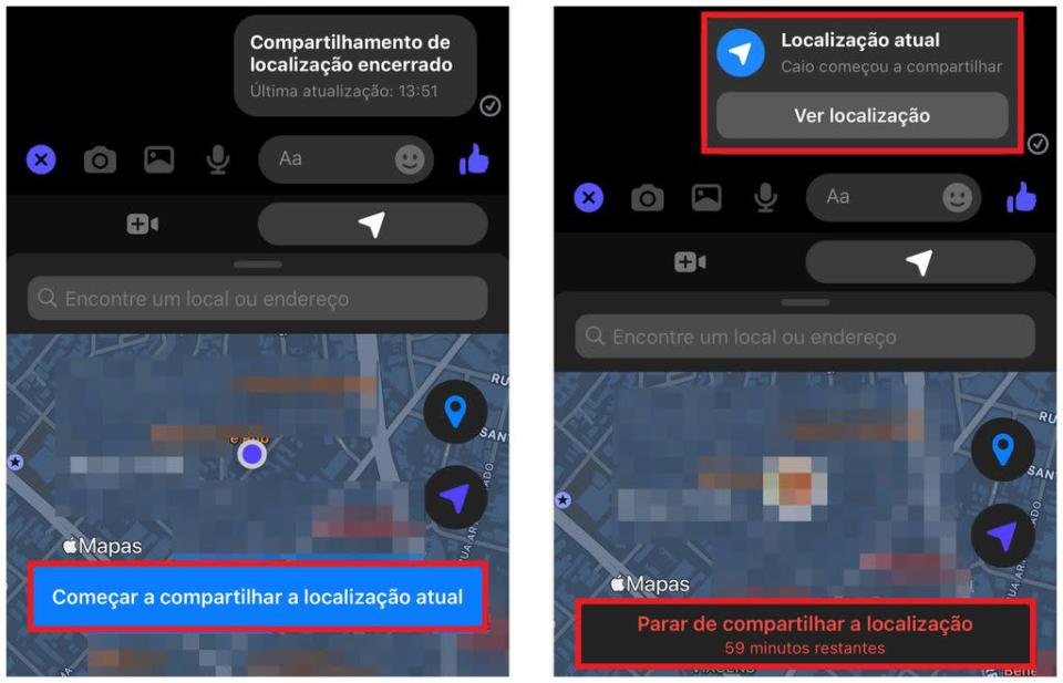 Facebook Messenger tem opção para compartilhar localização por até 60 minutos (Captura de tela: Caio Carvalho)