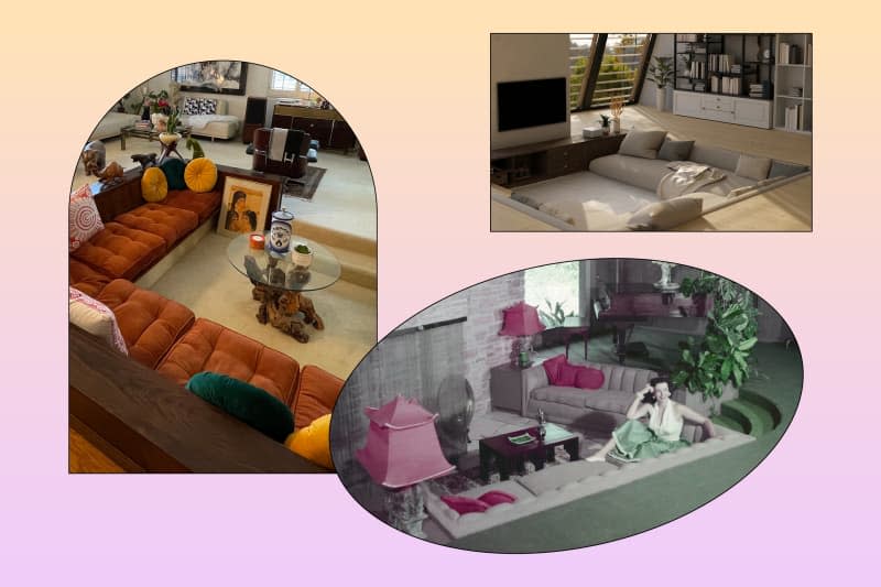 collage with three photos of conversation pits in homes