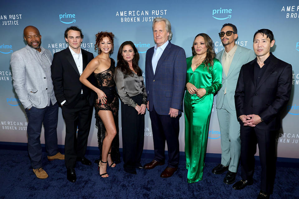 Leon Addison Brown, Alex Neustaedter, Julia Mayorga, Maura Tierney, Jeff Daniels, Luna Lauren Vélez, Kyle Beltran and Rob Yang attend Prime Video's American Rust: Broken Justice New York Screening at The Whitby Hotel on March 26, 2024 in New York City.