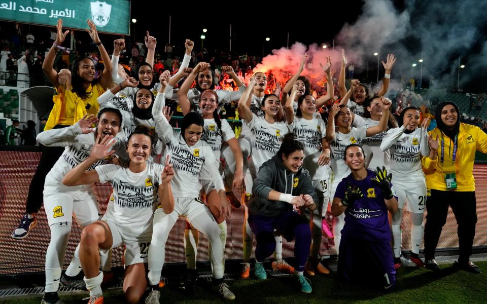 Al Ittihad players celebrate victory over Al Ahli in the Saudi Women's Premier League /Why women’s sport is so central to Saudi plans