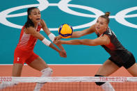 <p>Turkey's Meliha Ismailoglu (R) hits the ball in front of Cansu Ozbay in the women's preliminary round pool B volleyball match between Russia and Turkey during the Tokyo 2020 Olympic Games at Ariake Arena in Tokyo on August 2, 2021. (Photo by Yuri Cortez / AFP)</p> 