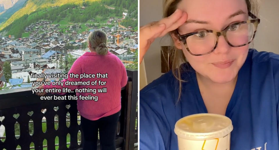 A photo of a woman from Melbourne, Switzerland.  Another photo of her, with a McDonald's drink in Switzerland.