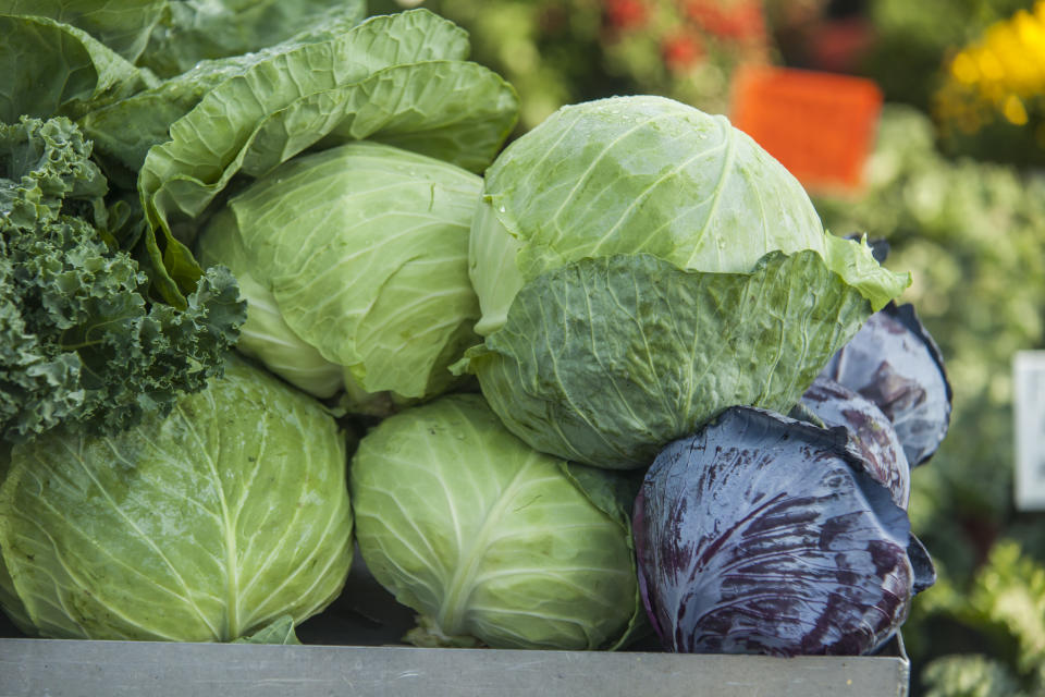 Heads of cabbage for sale at a farm stand near Churchtown, Lancaster County, PA.