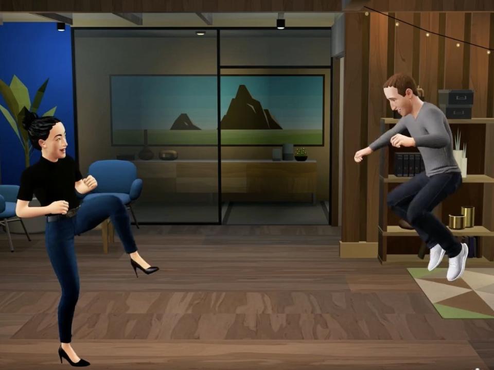 metaverse avatar on the left has her knee up, mark zuckerberg's avatar on the right is jumping in the air