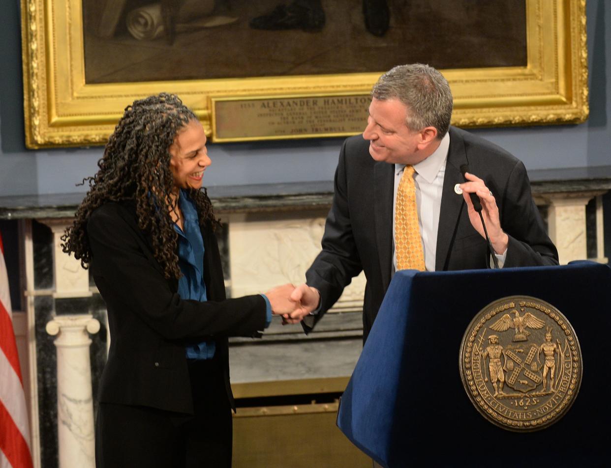 New York City Mayor Bill de Blasio (right) and Maya Wiley (left)