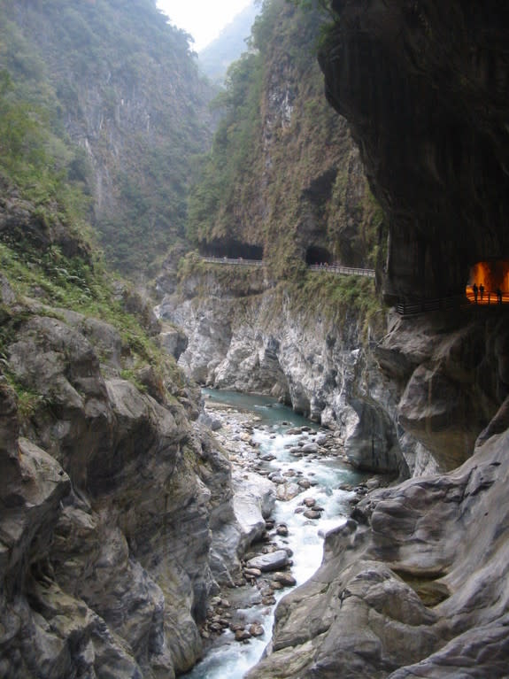 The Liwu River slices through actively uplifting mountains in eastern Taiwan, creating a deep canyon called the Taroko Gorge.