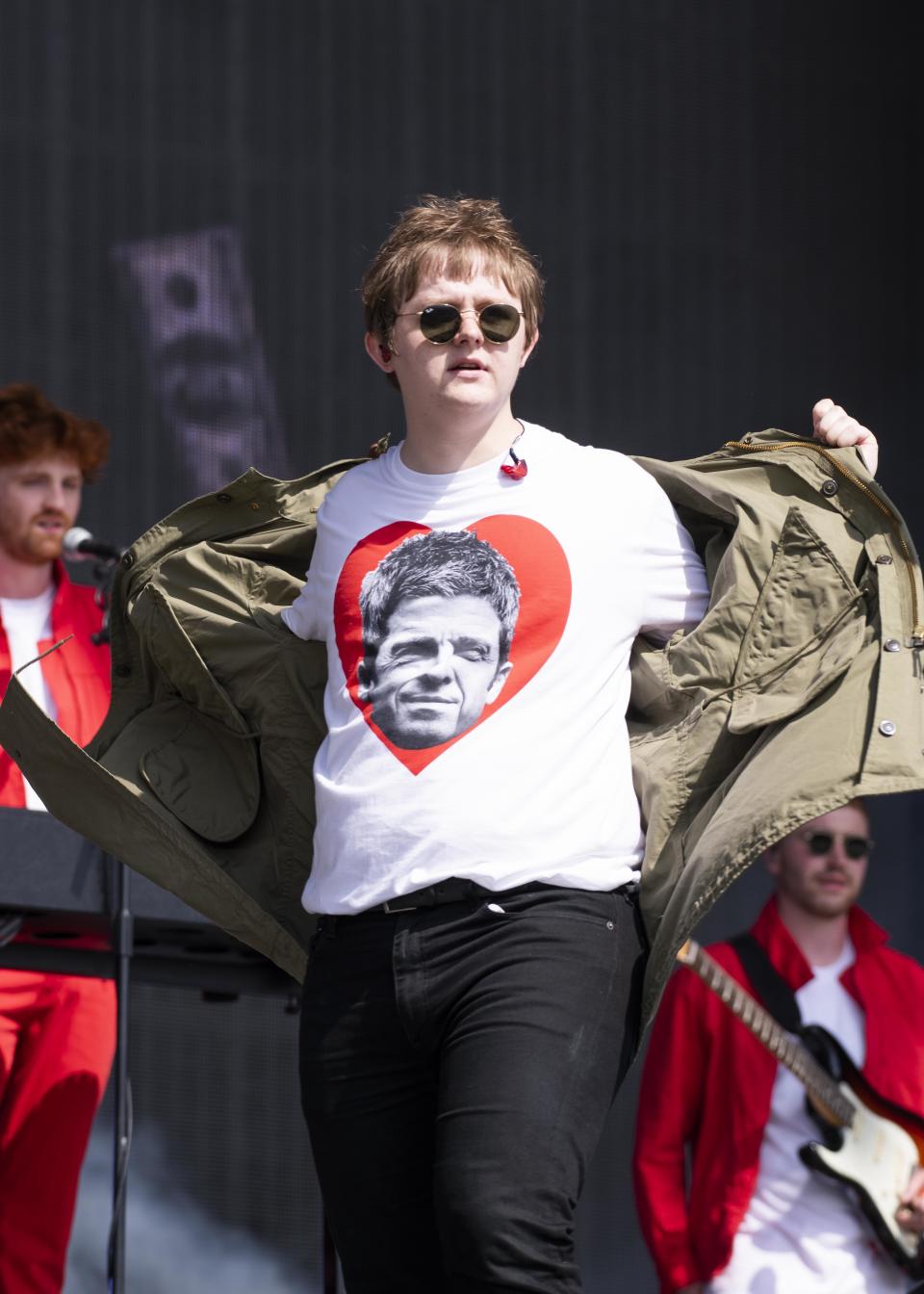 Lewis Capaldi shows off his Noel Gallagher t-shirt as he performs live on stage on day 4 of Glastonbury 2019, Worthy Farm, Pilton, Somerset. Picture date: Saturday 29th June 2019.  Photo credit should read:  David Jensen/EmpicsEntertainment