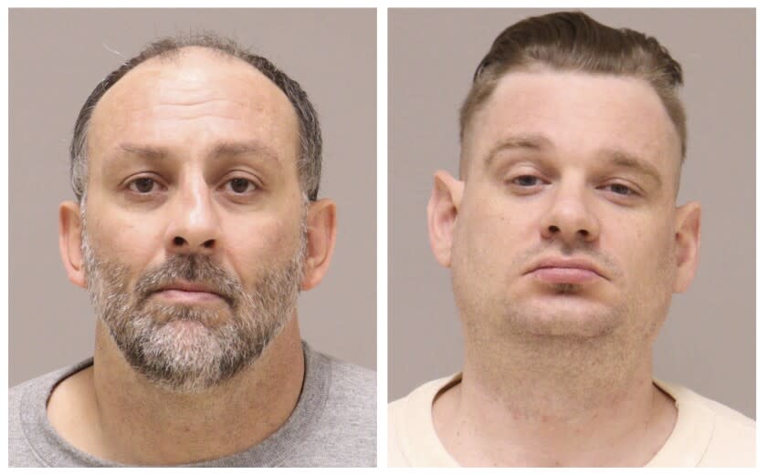 This combo of images provided by the Kent County, Mich., Jail. shows Barry Croft Jr., left, and Adam Fox. Jury selection started Tuesday, Aug. 9, 2022, in the second trial of the two men charged with conspiring to kidnap Michigan Gov. Gretchen Whitmer in 2020 over their disgust with restrictions early in the COVID-19 pandemic. Prosecutors are putting Adam Fox and Barry Croft Jr. on trial again after a jury in April couldn't reach a verdict. Two co-defendants were acquitted and two more pleaded guilty earlier. (Kent County Sheriff's Office via AP)