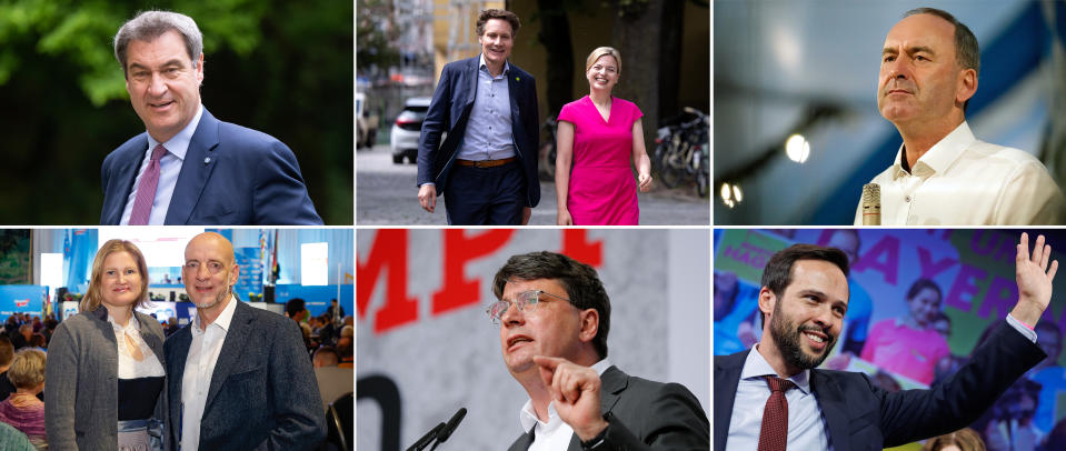 Spitzenkandidaten für Bayern: Markus Söder (CSU, oben l-r), Ministerpräsident von Bayern, Ludwig Hartmann und Katharina Schulze, Fraktionsvorsitzende von Bündnis 90/Die Grünen im Landtag von Bayern, Hubert Aiwanger, Bundesvorsitzender der Freien Wähler, stellvertretender Ministerpräsident von Bayern und bayerischer Staatsminister für Wirtschaft, Katrin Ebner-Steiner und Martin Böhm, beide Landtagsabgeordnete der AfD, Florian von Brunn, Vorsitzender der SPD in Bayern, und Martin Hagen, Landesvorsitzender der FDP in Bayern. (Bild: dpa).