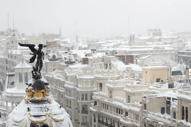 View from the rooftop of the Circulo de Bellas Artes cultural center during a heavy snowfall in Madrid