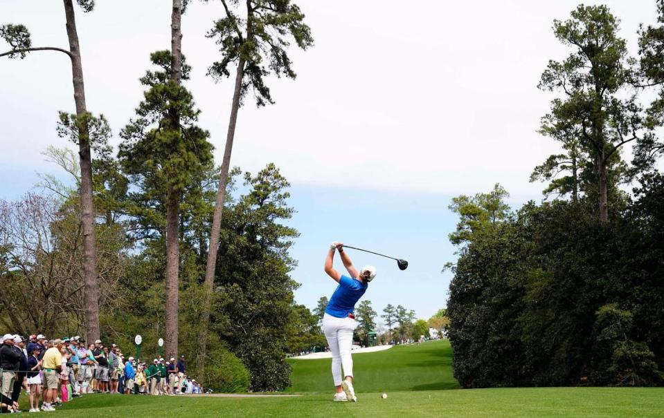 From April 2, 2022: Hannah Darling plays her tee shot on the 18th hole during the final round of the Augusta National Women’s Amateur golf tournament at Augusta National Golf Club.