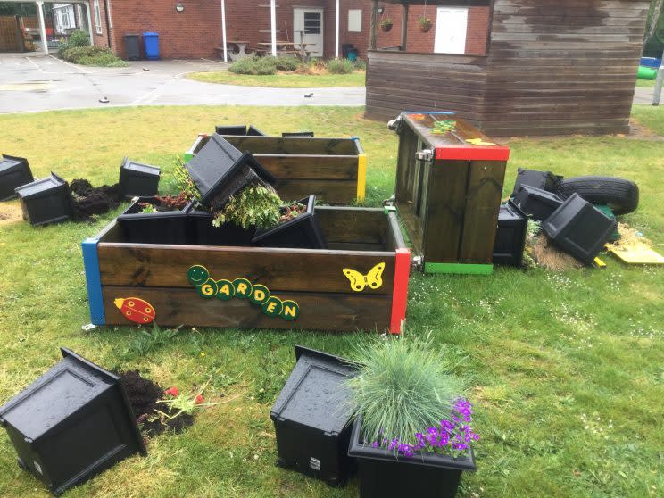 The shocking moment that vandals destroyed a memorial garden to a schoolgirl who died in a bouncy castle accident has been caught on camera