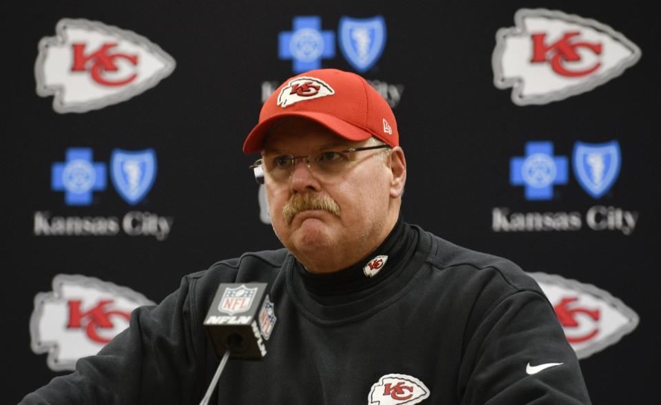 Kansas City Chiefs head coach Andy Reid speaks during a news conference after an NFL divisional playoff football game against the Pittsburgh Steelers Sunday, Jan. 15, 2017, in Kansas City, Mo. The Steelers won 18-16. Reid doesn’t believe the holding penalty on left tackle Eric Fisher that cost Kansas City a tying 2-point conversion against Pittsburgh on Sunday night should have been called. (AP Photo/Ed Zurga, File)