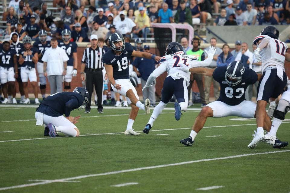 Georgia Southern kicker Alex Raynor makes a kick on what was a busy night for him during the Eagles' game against Morgan State on Saturday at Paulson Stadium in Statesboro. He made all of his kicks, including a 20-yard field goal and going 8-for-8 on extra-point attempts.