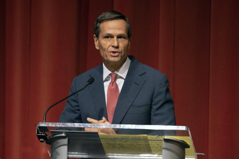 Brad Chambers speaks during a debate organized and hosted by the Indiana Debate Commission, Tuesday, April 23, 2024, in Indianapolis. (AP Photo/Darron Cummings)