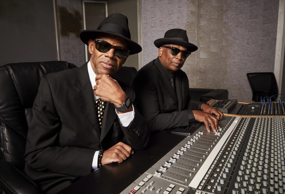 Jimmy Jam, left, and Terry Lewis pose for a portrait in New York on Monday, July 26, 2021. The duo, who've worked with Prince, Michael Jackson, Mariah Carey, Boyz II Men and more enlisted some old friends for their album "Jam & Lewis: Volume One." (Photo by Matt Licari/Invision/AP)