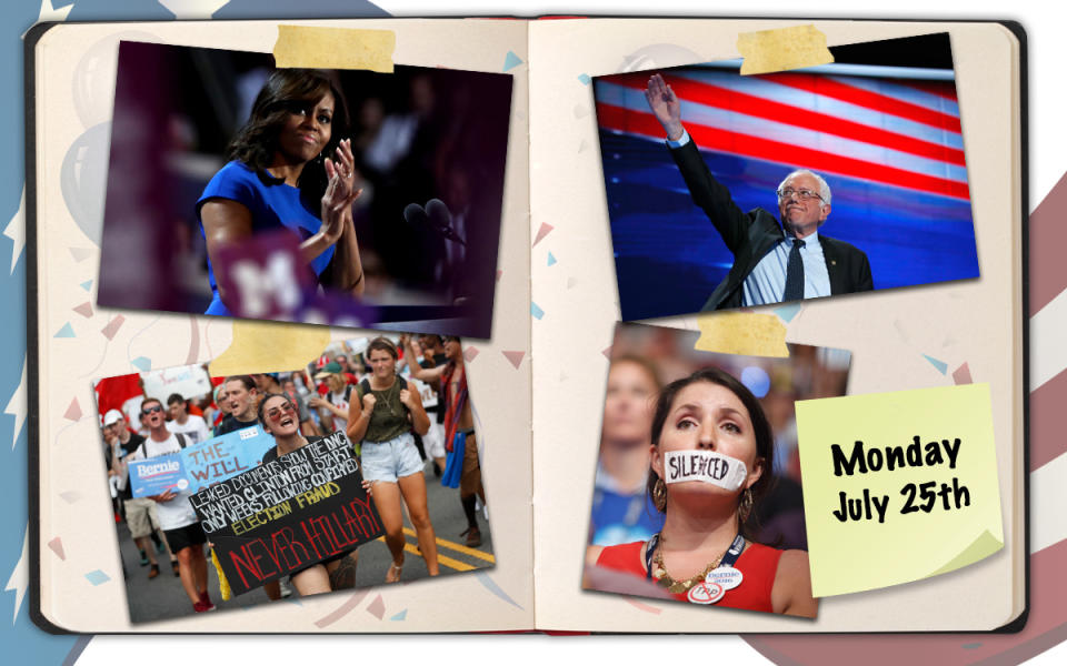 The first lady and Bernie Sanders give heartfelt speeches, and protests resume in Philadelphia. (Photo illustration: Yahoo News, photos (clockwise from top right): Jessica Kourkounis/Getty Images, Carolyn Kaster/AP, John Minchillo/AP, Khue Bui for Yahoo News, background photos: Getty Images [3])