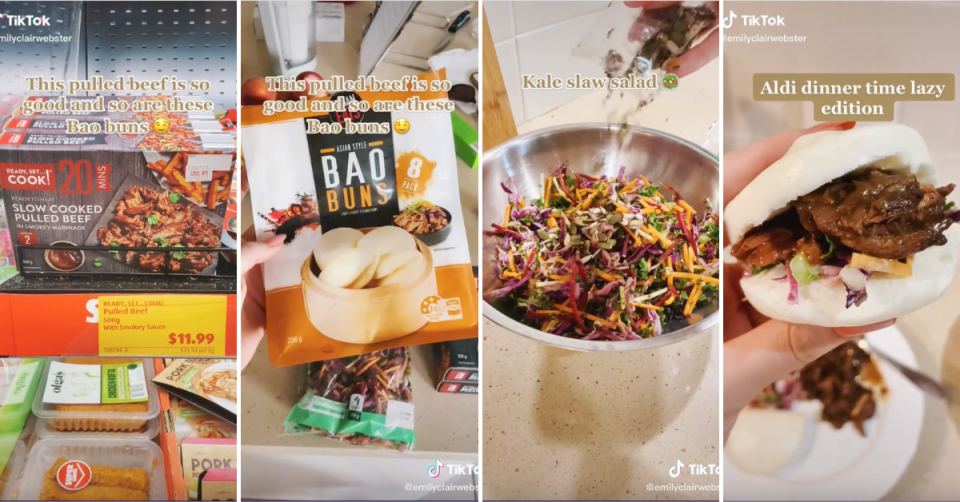 Screen shots from a TikTok video showing how to make pulled beef bao buns with ingredients from Aldi