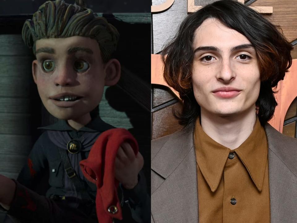 left: candlewick, a stop motion animated young boy with an expressive face, wearing children's military esque clothes and holding a red rag in his left hand excitedly; right: finn wolfhard, a young man with sharp cheekbones and long brown/reddish hair, wearing a dark yellow shirt and grey suit jacket