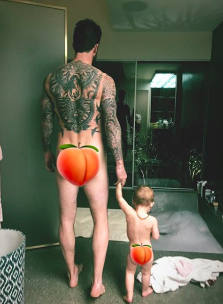 Behati posted the cute snap of Adam and Dusty Rose heading into a bath. Photo: Instagram