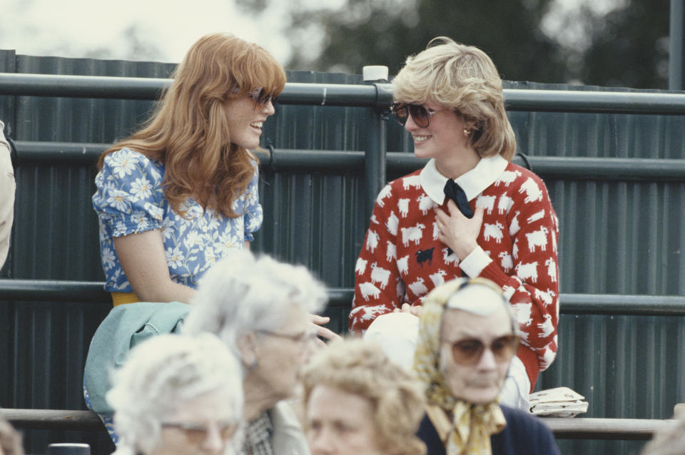 Diana, Princess of Wales (1961 - 1997) with Sarah Ferguson at the Guard's Polo Club, Windsor, June 1983. The Princess is wearing a jumper with a sheep motif from the London shop, Warm And Wonderful.  (Photo by Georges De Keerle/Getty Images)