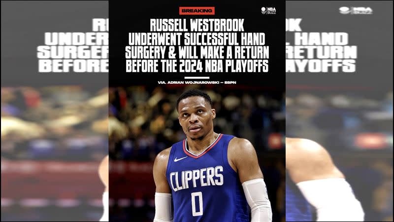 威斯布魯克（Russell Westbrook）左手骨折動刀，有機會在季後賽前回歸。（圖／翻攝自NBA Buzz推特）