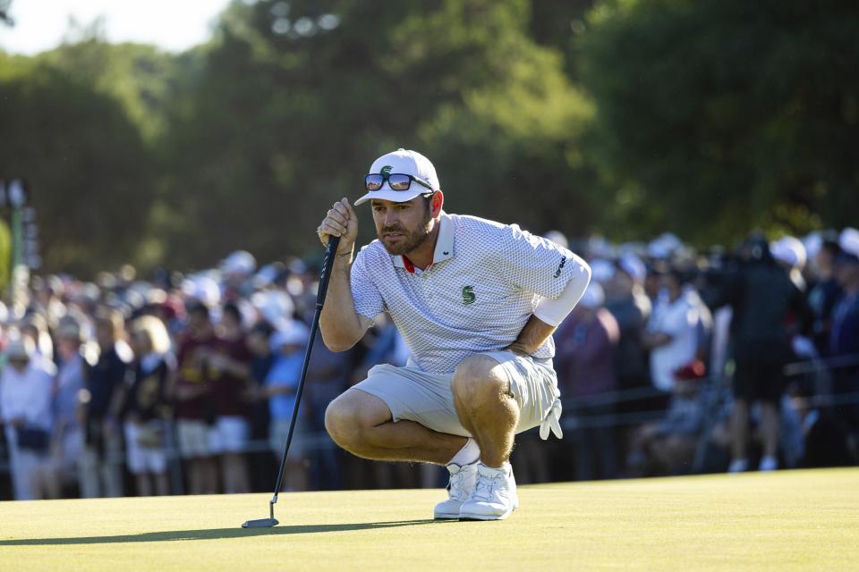 Captain Louis Oosthuizen, of Stinger GC, reads his putt during the final round of LIV Golf Adelaide at the Grange Golf Club, Sunday, April 23, 2023, in Adelaide, Australia. (Photo by Chris Trotman/LIV Golf via AP)