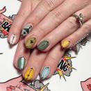 If you prefer a different era, ask your favorite nail artist for a '50s-inspired midcentury modern manicure like <a href="https://www.instagram.com/p/BxK-FmGptB4/" rel="nofollow noopener" target="_blank" data-ylk="slk:this one by Sarah Kane;elm:context_link;itc:0;sec:content-canvas" class="link ">this one by Sarah Kane</a>. Using several matte shades in football-like shapes on each nail, Kane painted a variety of geometric designs, leaving a hint of negative space above the cuticle.