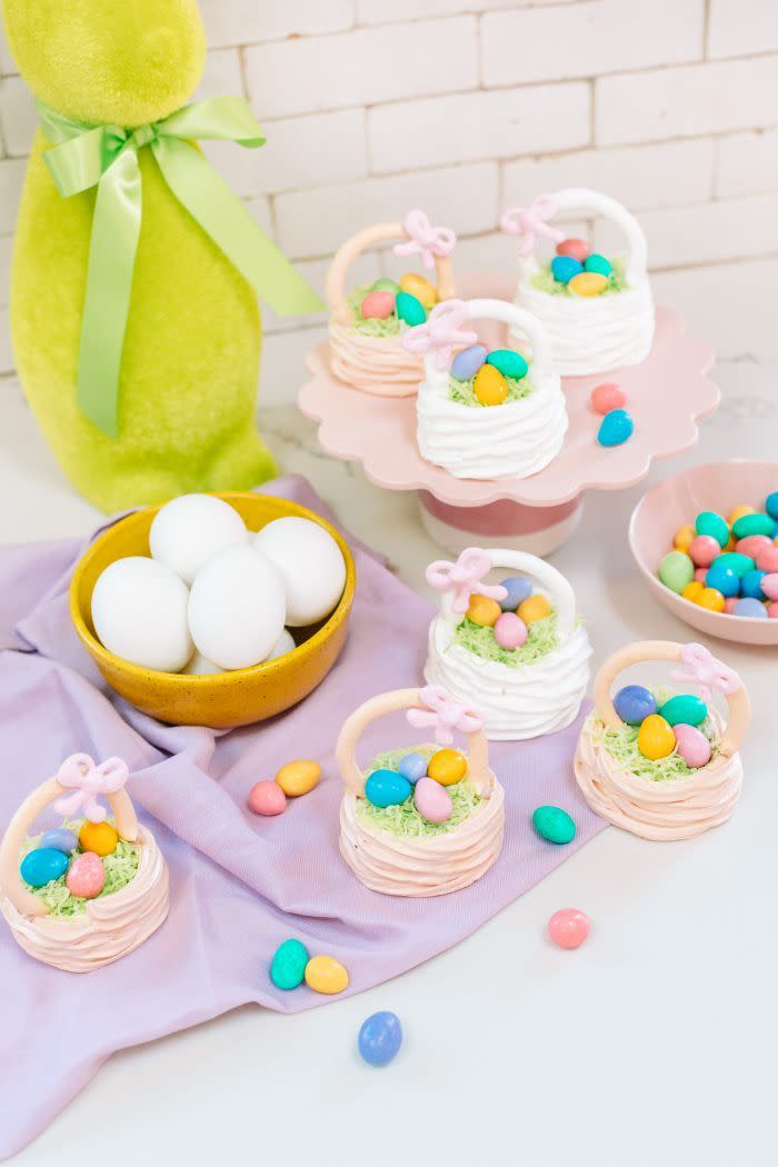 <p>The only thing better than receiving a real Easter basket? Digging into one of these delicate meringue baskets. </p><p>Get the <strong><a href="https://studiodiy.com/meringue-easter-baskets/" rel="nofollow noopener" target="_blank" data-ylk="slk:Meringue Easter Baskets recipe at Studio DIY.;elm:context_link;itc:0;sec:content-canvas" class="link ">Meringue Easter Baskets recipe at Studio DIY. </a></strong></p>