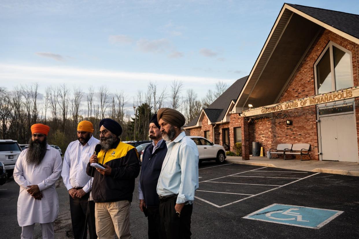 <span class="caption">Members of the Sikh community in Indianapolis gather after a mass shooting in which eight people, including four Sikhs, died, in Indianapolis, Indiana.</span> <span class="attribution"><a class="link " href="https://www.gettyimages.com/detail/news-photo/leaders-of-the-sikh-satsang-of-indianapolis-participate-in-news-photo/1232349024?adppopup=true" rel="nofollow noopener" target="_blank" data-ylk="slk:Jon Cherry/Getty Images;elm:context_link;itc:0;sec:content-canvas">Jon Cherry/Getty Images</a></span>