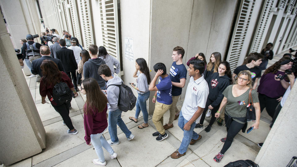 <p>Survivors from the fatal shooting at Marjory Stoneman Douglas High School arrive at the Florida Capitol in Tallahassee, Fla., Wednesday, Feb 21, 2018. The students are in town to lobby the Florida Legislature to push a ban on the assault-style rifle used to kill over a dozen people a week ago. (Photo: Mark Wallheiser/AP) </p>