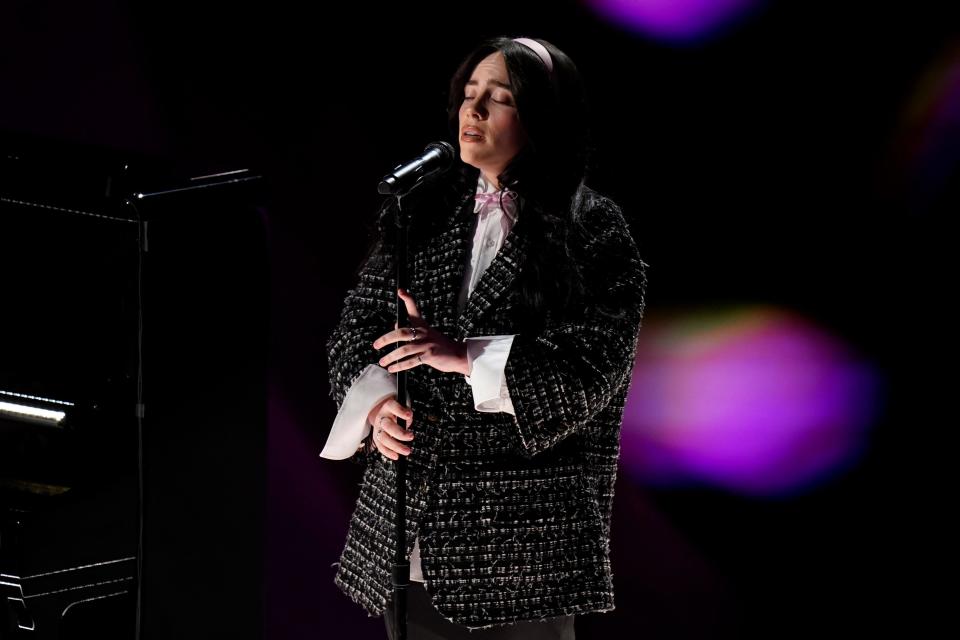 Billie Eilish performs “What Was I Made For?” from “Barbie” during the 96th Oscars.