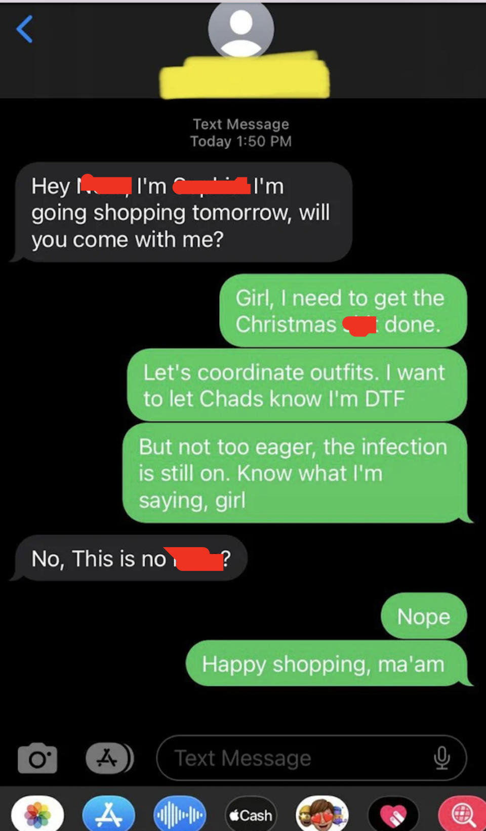 Person texts wrong number asking to go shopping and coordinate outfits to send message to "Chads" that they're "DTF"